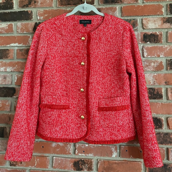 Talbots Red Tweed Cropped Red Fringe Trim Gold Button Up Blazer Sz 10 - Picture 2 of 13